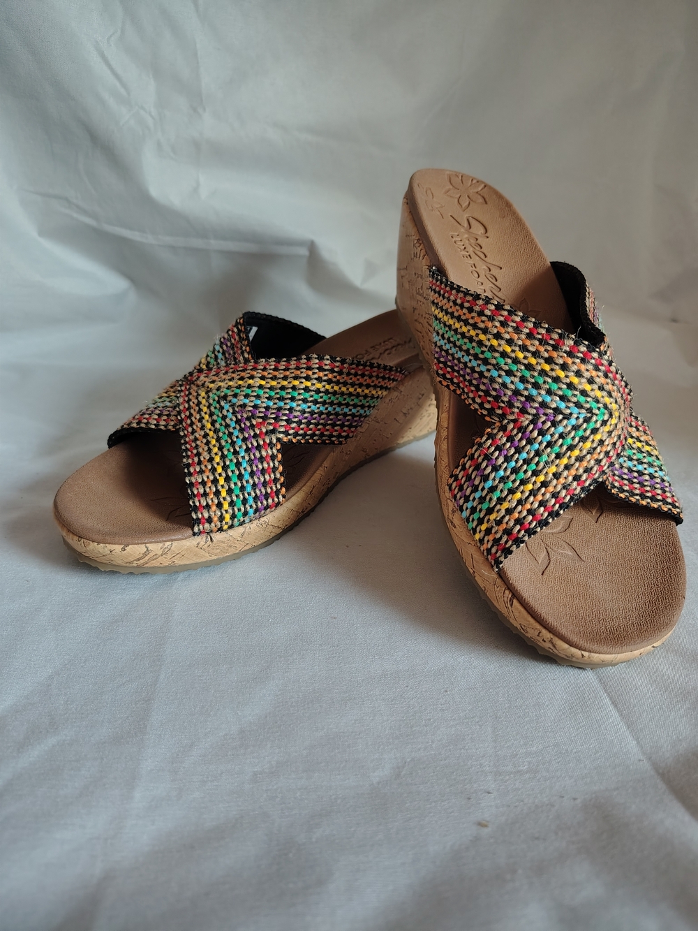 Skechers Cali Beverlee Delighted Multicolor Woven Cork Wedge Slides 8.5